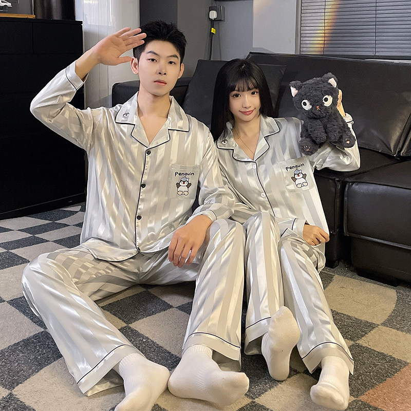 情侣睡衣女春秋季凉感薄款冰丝青少年男士学生卡通企鹅家居服套装