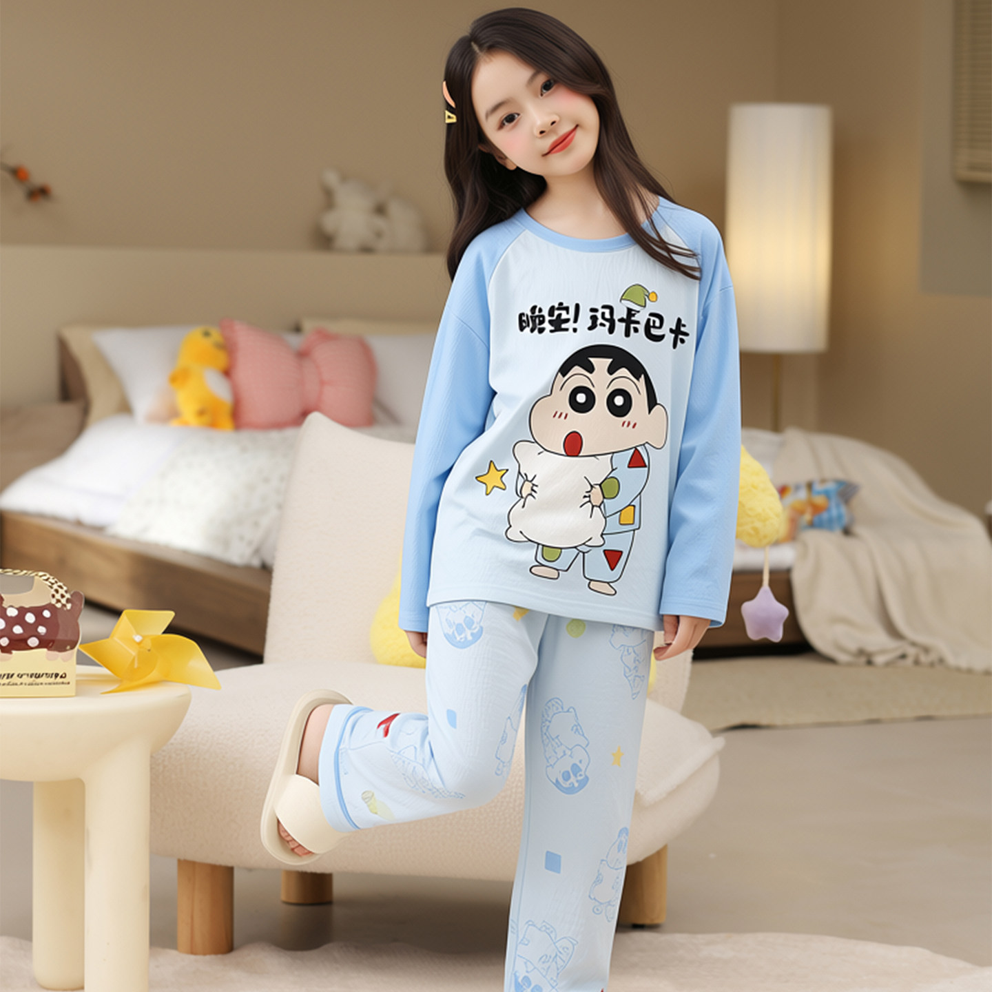 春秋季纯棉长袖儿童睡衣卡通动漫蜡笔小新女童中大童家居服套装