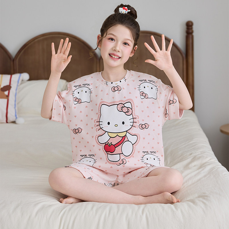 夏季纯棉短袖短裤儿童睡衣ins卡通kitty猫女童薄款家居服套装