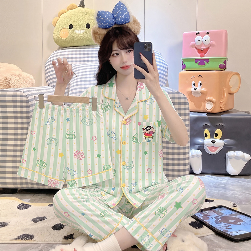 薄款纯棉三件套睡衣女夏季ins卡通蜡笔小新少女学生家居服套装