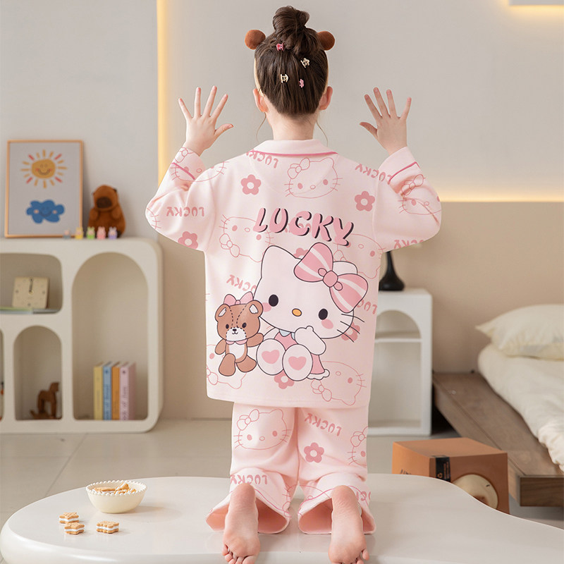 春秋季纯棉开衫儿童睡衣ins卡通kitty猫女童中大童可爱家居服套装