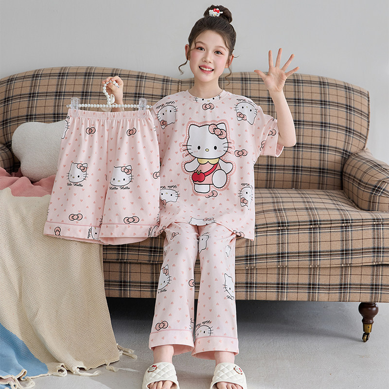 夏季ins卡通kitty猫纯棉儿童睡衣三件套中大童女孩薄款短袖家居服