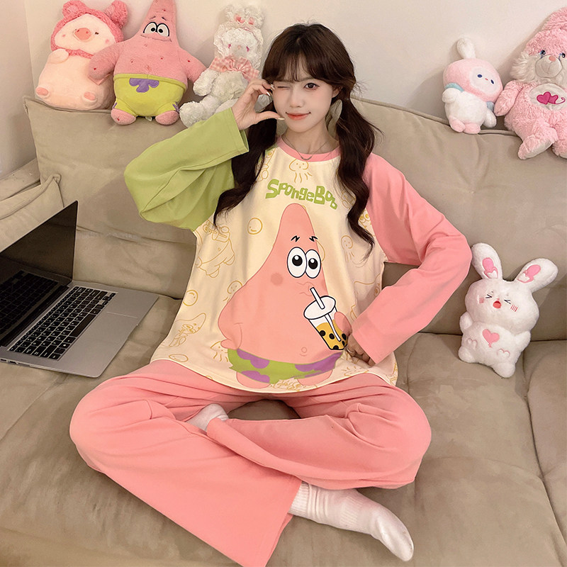 纯棉睡衣女春秋季ins卡通派大星青少年学生大码长袖家居服套装