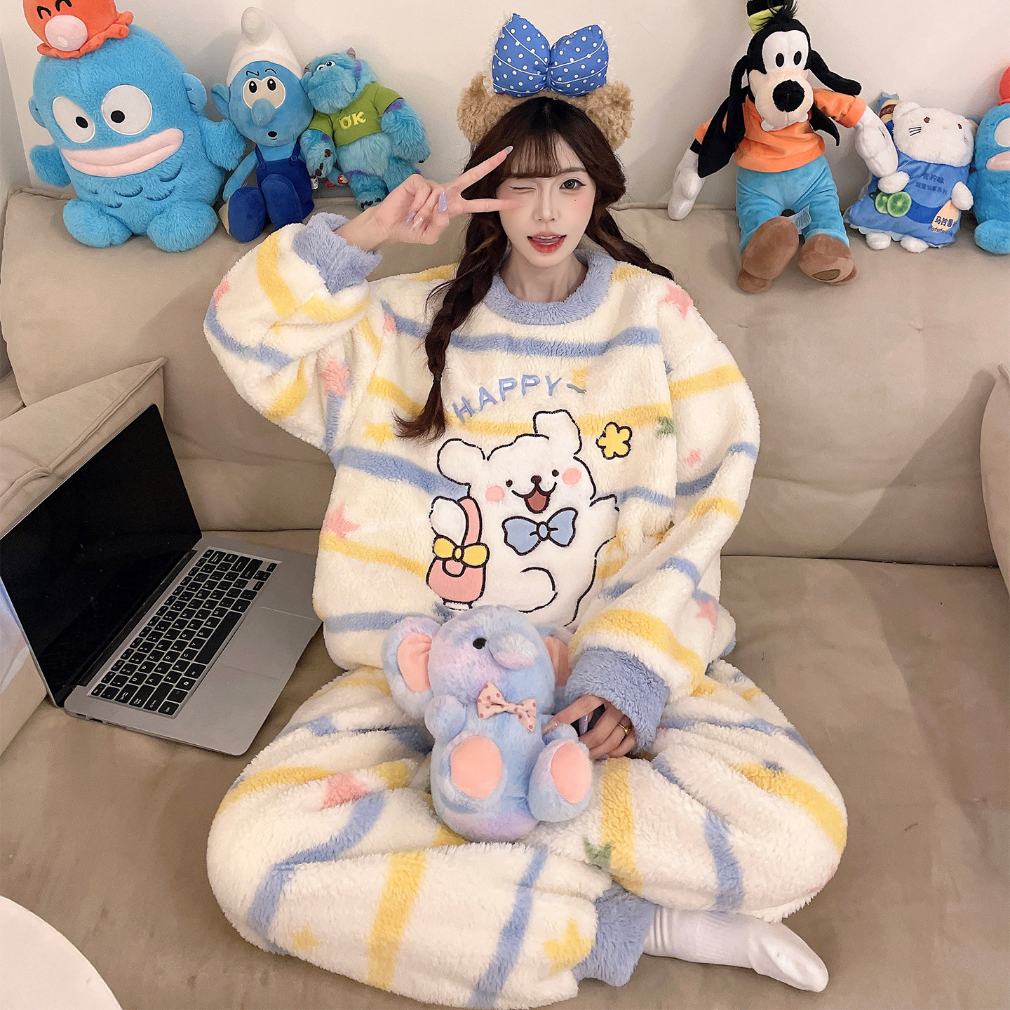 海绵宝宝法兰绒睡衣女冬季加厚保暖可爱卡通珊瑚绒大码家居服套装