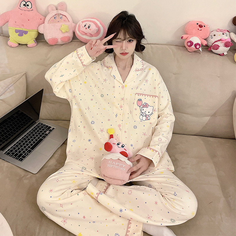 春秋季长袖纯棉开衫睡衣可爱卡通Kitty猫少女学生大码家居服套装
