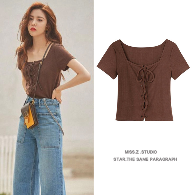 宋妍霏同款法式小众修身显瘦方领针织衫T恤女上衣2023春夏装新款