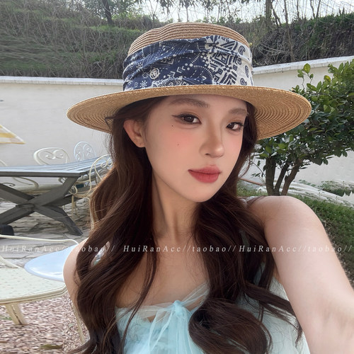 海边度假风宽檐印花丝巾草帽