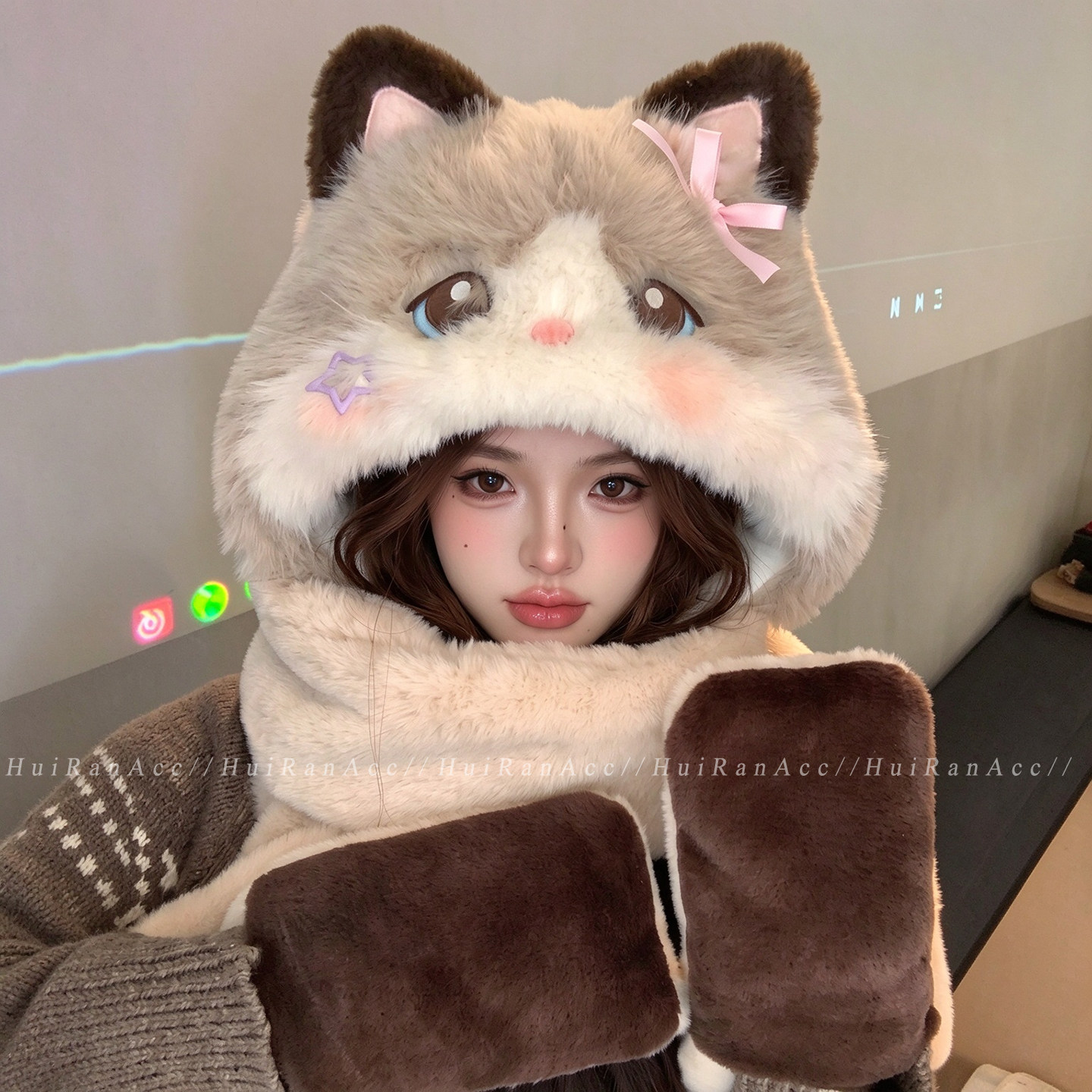 可爱猫咪毛绒帽子围巾一体女冬季