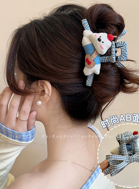 高级感卡通小熊蝴蝶结抓夹女2026新款后脑勺盘发鲨鱼夹发量大发饰