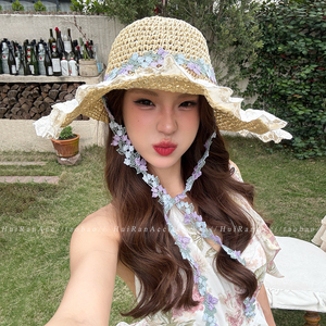 甜美碎花飘带编织草帽女2026新款夏季大帽檐海边度假遮阳防晒帽子