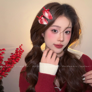 双轨虞书欣同款姜暮红色格纹蝴蝶结发夹女2026新款刘海夹甜美发饰