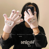 可爱kitty毛绒水钻可触屏手套女2026新款 冬季 保暖骑行防风五指套