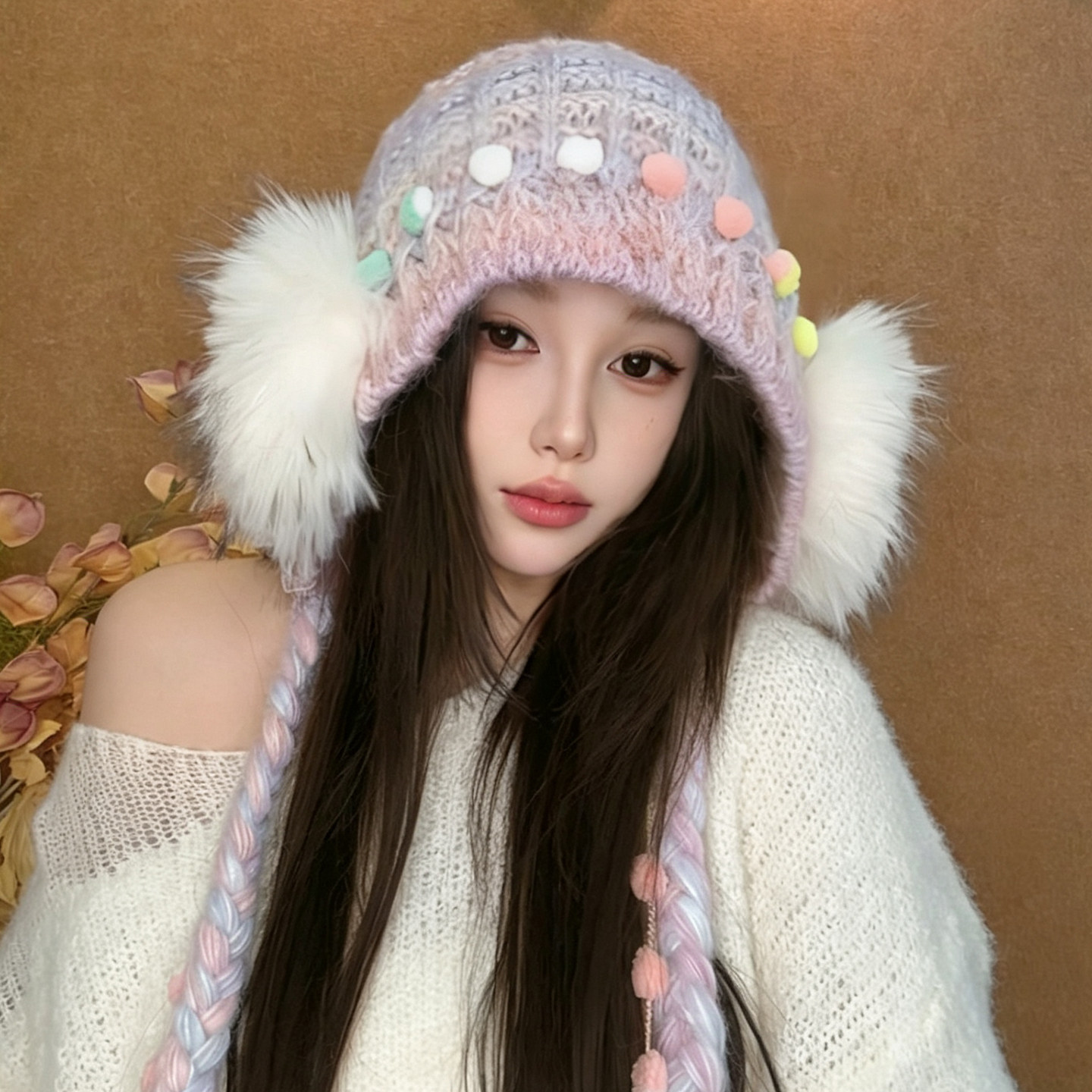 可爱流苏彩色毛绒耳包针织帽子