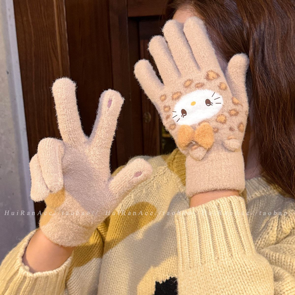 韩版豹纹猫咪手套女款冬季高颜值