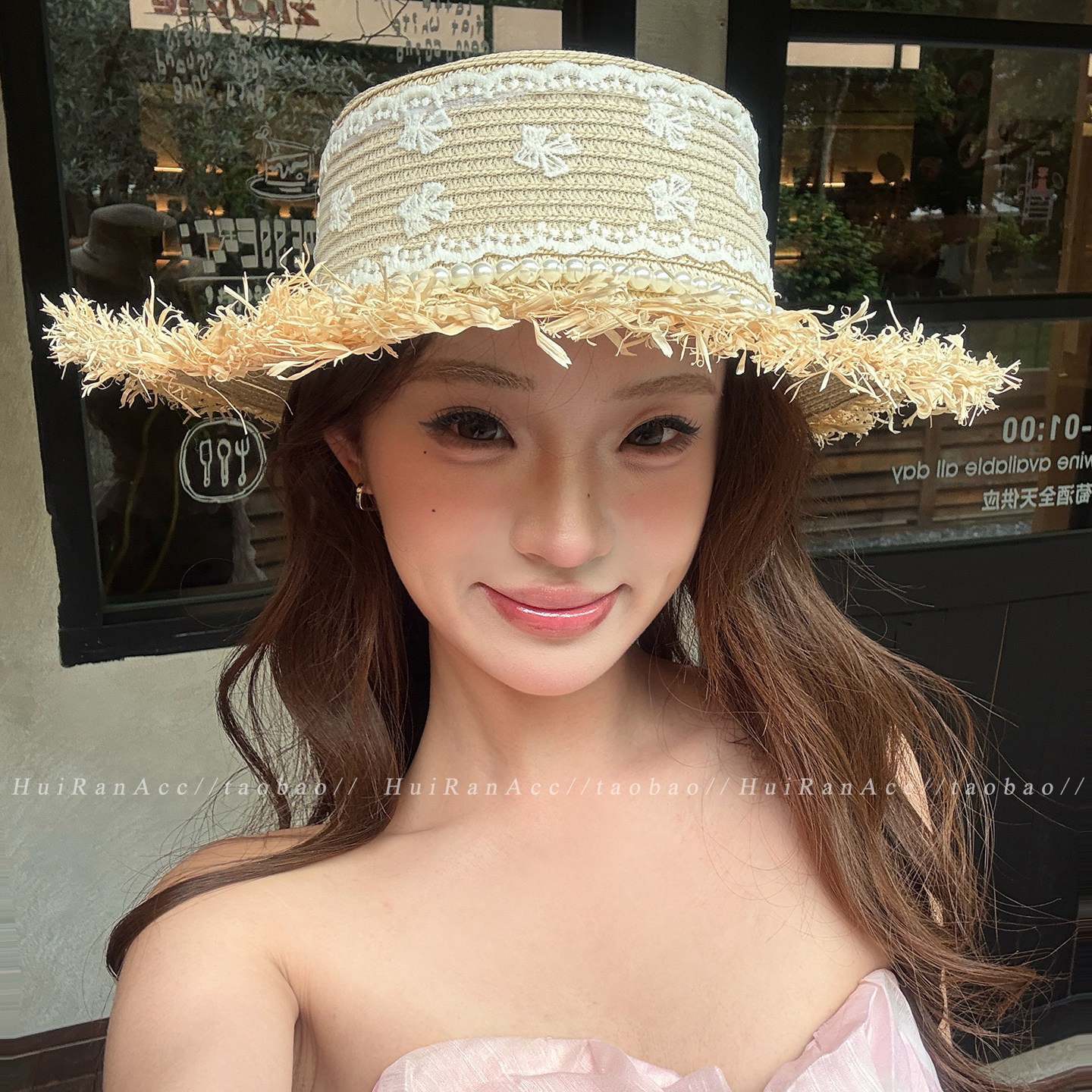 度假风蕾丝蝴蝶结飘带毛边草帽女2026新款夏大檐遮阳防晒沙滩帽子