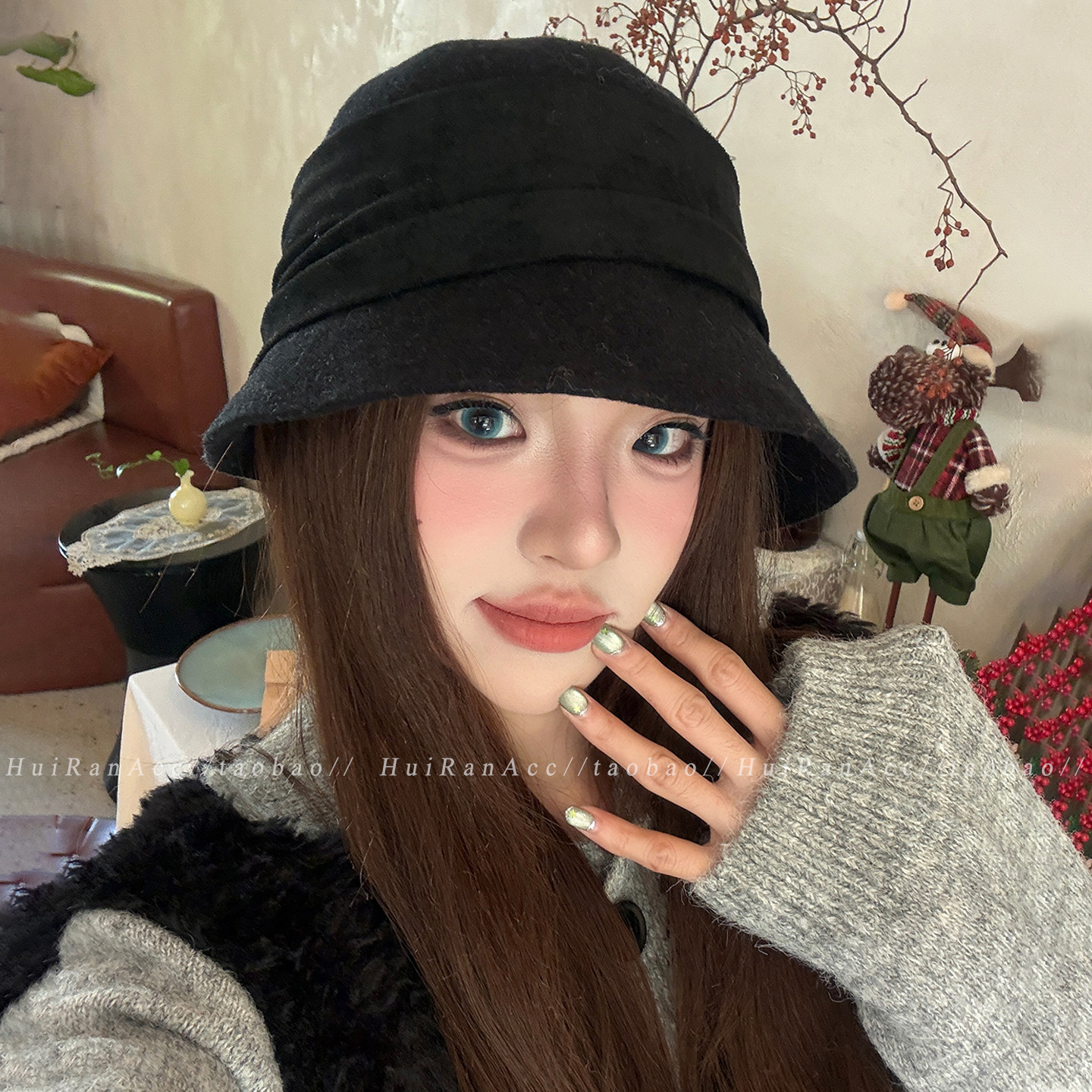渔夫帽女秋冬褶皱磨毛显脸小黑色