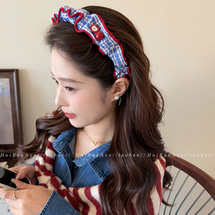 韩系蓝格纹撞色发箍女2026新款氛围感高颅顶压发日常外戴头箍发饰
