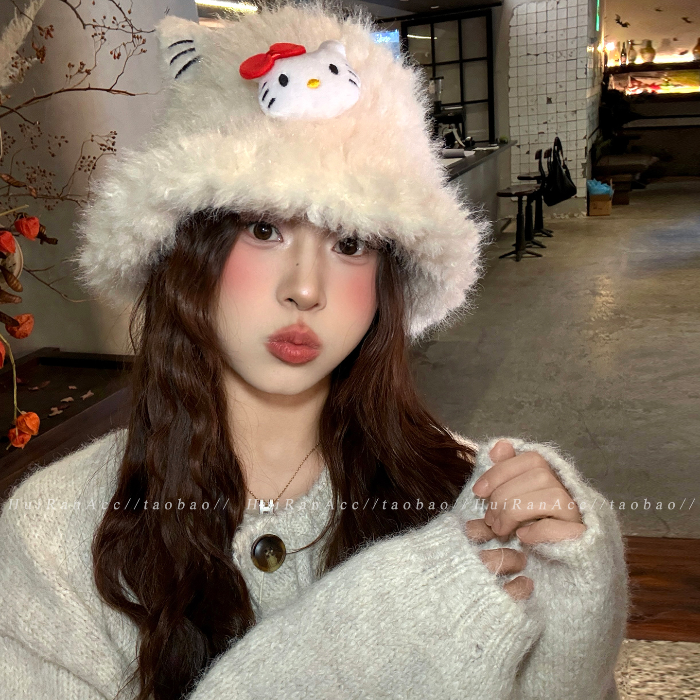 可爱卡通kt猫毛绒渔夫帽子女