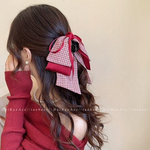 红色蝴蝶结扎马尾设计新款鲨鱼夹