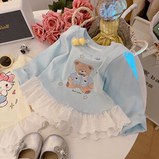 女童春季卡通印花公主风长袖打底衫26新款洋气拼接蕾丝格子裙摆衣