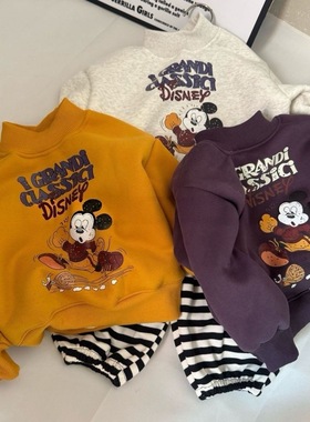 男女童米奇加绒加厚卫衣秋冬季2025新款儿童宝宝半高领打底衫上衣