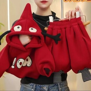 男女童秋款套装2025年新款连帽卫衣加绒洋气安哥拉红小脚工装卫裤