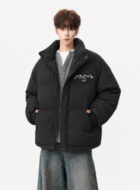 黑色无帽立领男款保暖秋冬季美式高街情侣面包服痞帅潮牌加厚棉衣