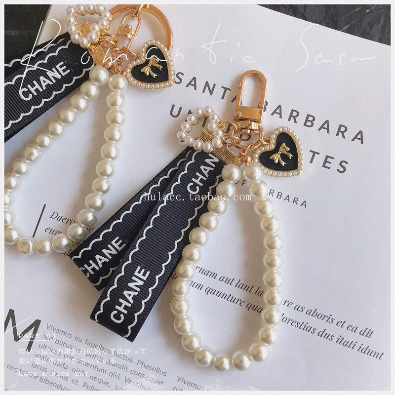 原创手作小香风少女珍珠链丝带钥匙扣ins小红书挂链车挂件包挂饰