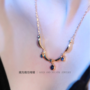 蓝滴欧美复古风法式 项链锁骨链 中古vintage蓝宝石水滴轻奢女款