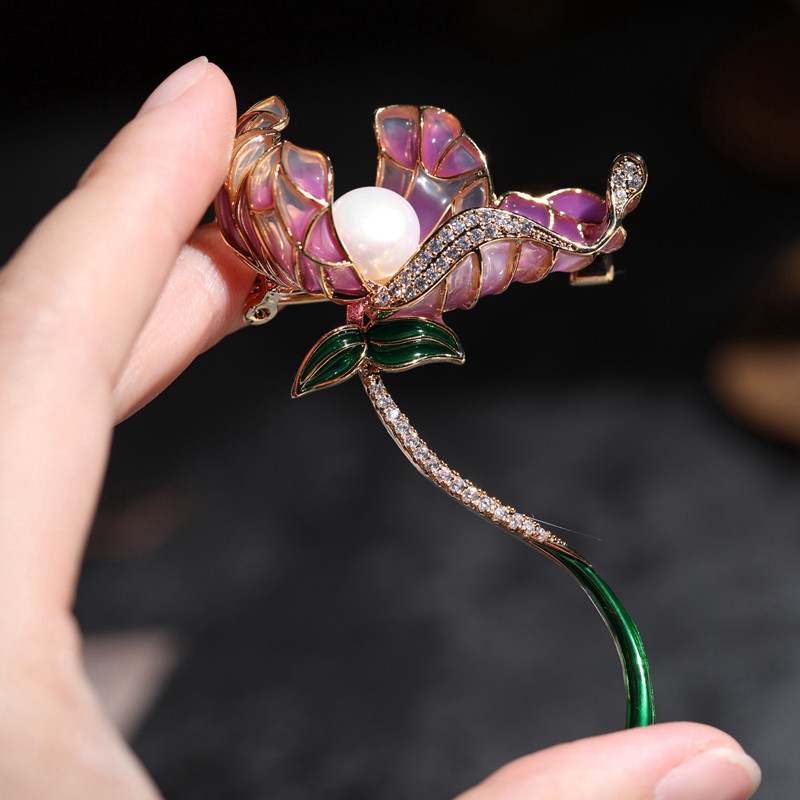 盛放天然珍珠手工珐琅彩女款复古风轻奢百搭胸针胸花别针