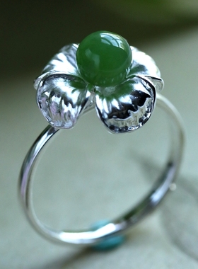 天然和田玉碧玉纯银花朵戒指