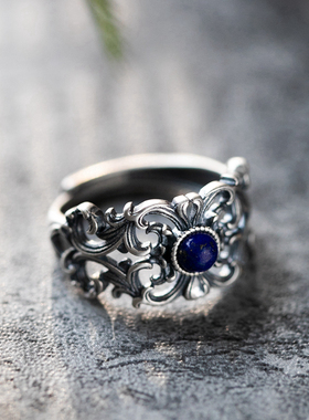 纯银青金石复古民族风忍冬纹戒指