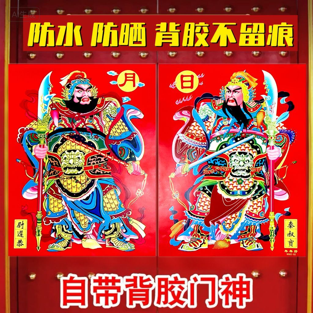 新年自粘门神带背胶门贴大门春节过年福字贴单门贴画秦琼关羽大门
