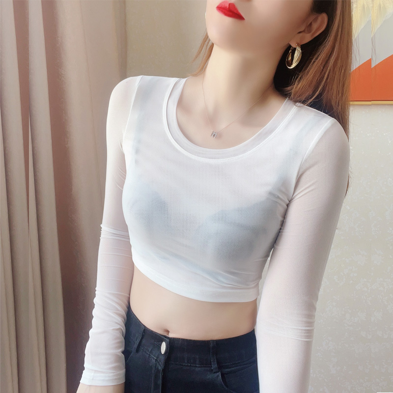 白色短款网纱打底衫女内搭长袖2021秋款圆领薄款洋气紧身小衫纱衣