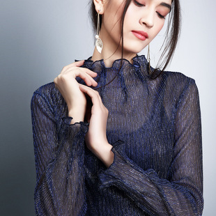 压褶喇叭袖洋气小衫蕾丝打底衫女长袖仙气质薄款内搭雪纺衫上衣女