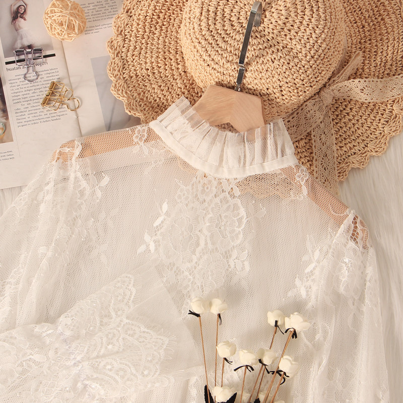 花边领蕾丝打底衫春秋网纱上衣女