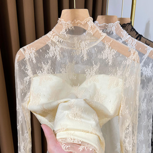 小衫 洋气保暖加厚网纱叠穿内搭长袖 女2025新款 秋冬加绒蕾丝打底衫