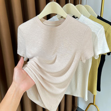 小圆领针织短袖T恤女上衣夏季新款高级感竹节棉冰丝薄款打底衫女