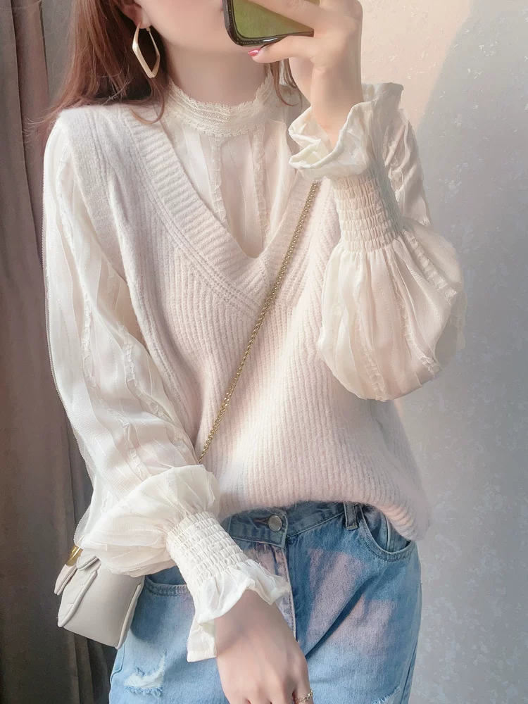 Lace silk body-friendly autumn thin megaphone, sweater, french style, high collar