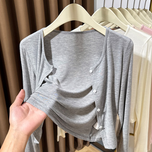 高级感灰色开衫女薄款长袖披肩防晒罩衫吊带裙外搭短款小坎肩外套