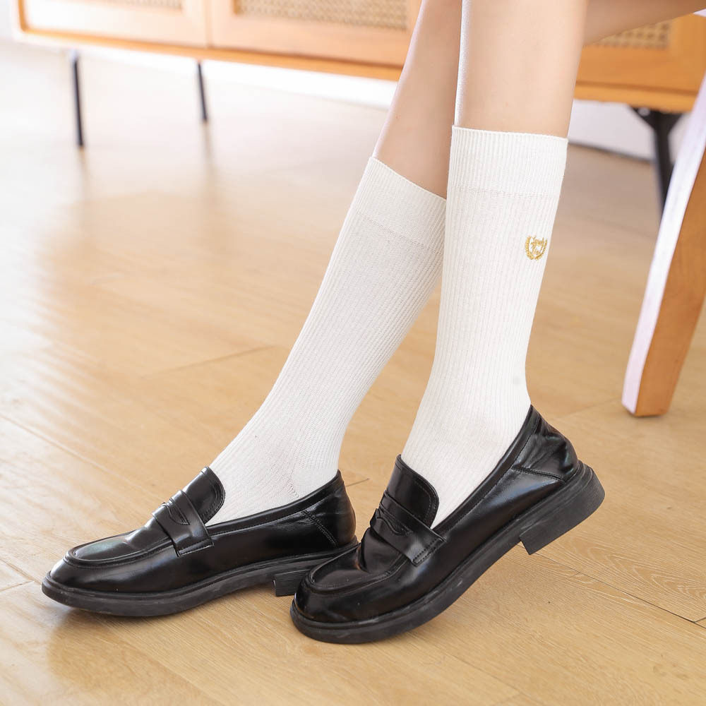 棉长筒袜子女小腿袜刺绣字母中筒黑色jk制服半截高筒及膝潮春秋季