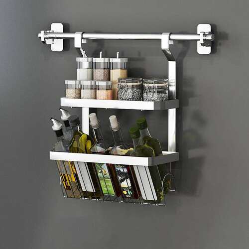 不锈钢厨房置物架免打孔沥水碗盘调味料收纳架壁挂式挂杆刀筷挂架