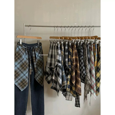 小众洋气叠穿格子屁帘女装今年秋季新款高腰绑带百搭A字搭配短裙