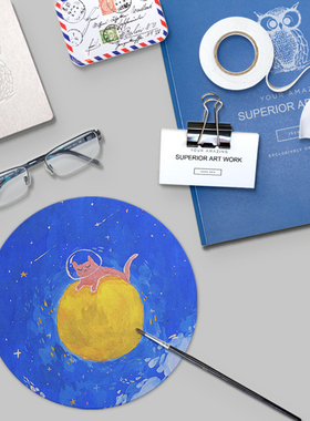 [BLUE]ins水彩风格蓝色插画猫咪喵星人圆方形装饰吸汗耐脏鼠标垫