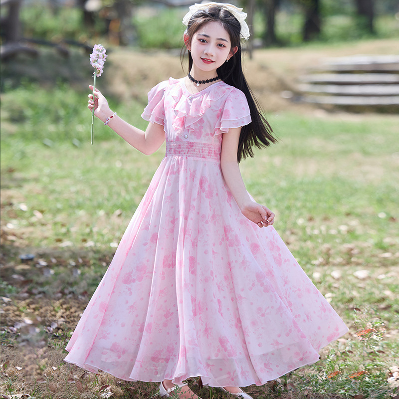 夏装女童连衣裙2025新款小女孩时尚儿童碎花裙子大童沙滩雪纺长裙