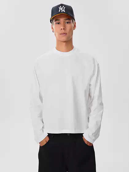 American-Style Boxy Raglan Short Wide-Fit Crew Neck Long-Sleeve Heavyweight 300g Base Shirt Cleanfit Top Trendy T-Shirt for Men