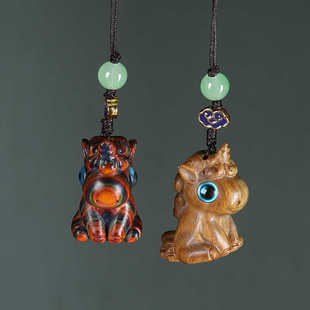 天然彩虹木雕独角兽手机挂件檀香生肖马车挂吊坠钥匙扣文玩饰品