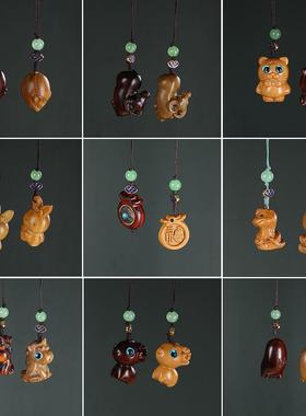 檀香木雕刻卡通手机挂件紫檀木文玩木雕可爱动物吊坠木质工艺品