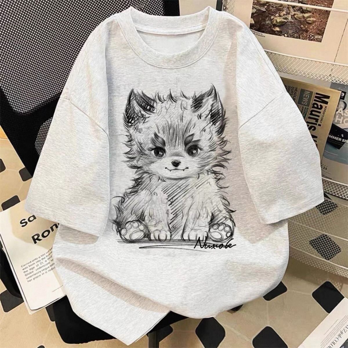 100%纯棉潮流邪恶微笑猫印花短袖T恤男女中大童圆领夏季宽松上衣