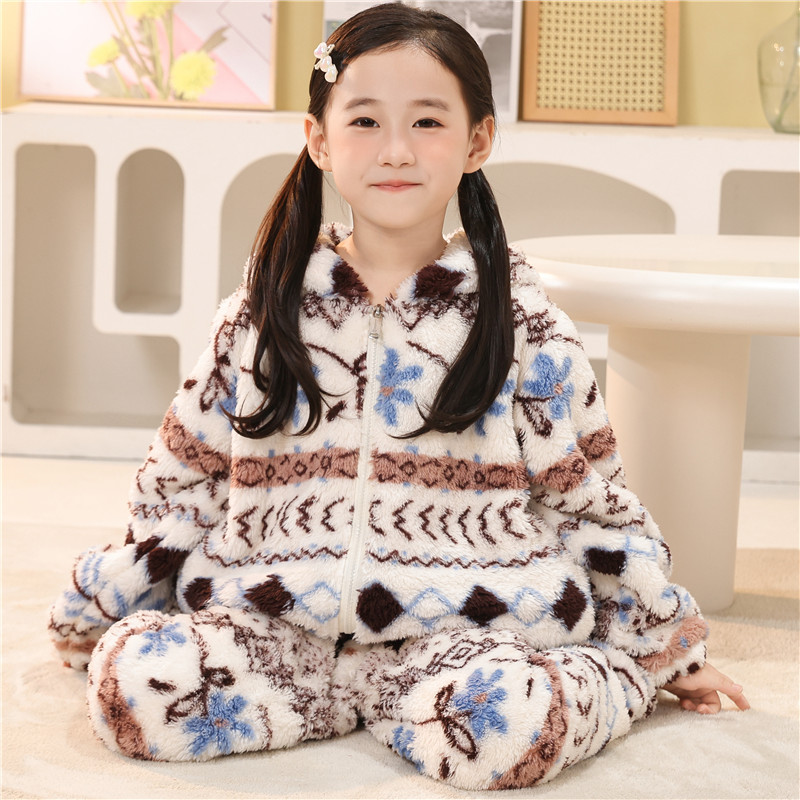 睡衣女冬季珊瑚绒女款条纹可爱加绒加厚拉链秋冬法兰绒家居服套装